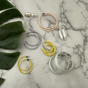 Vintage 90s Earrings Lot Pastel Color Yellow White Hoops Studs 7 Pairs Metal
